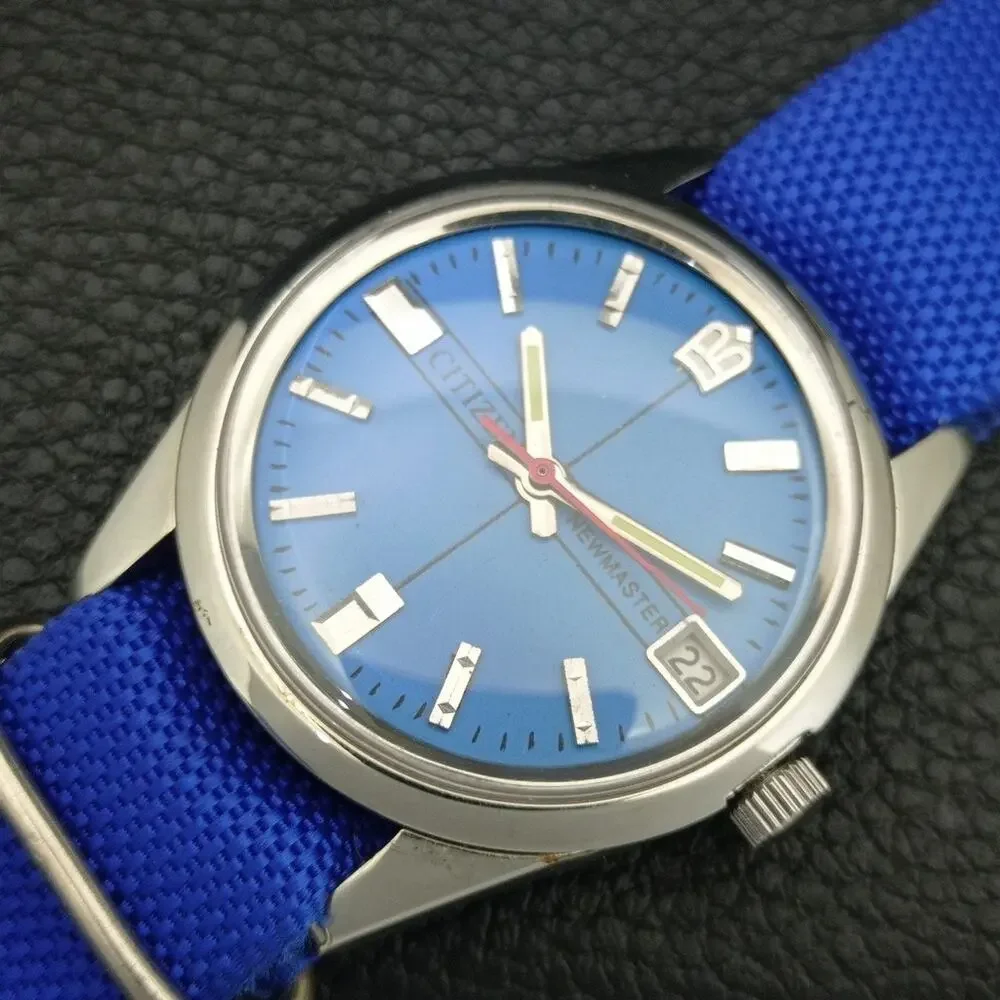 Vintage 1974 Citizen Manual Wound Mens Silver Watch W/Date & Blue accents